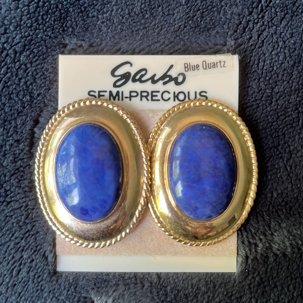 Vintage Semi-Precious Gold-Tone Blue Quartz Clip-On Earrings